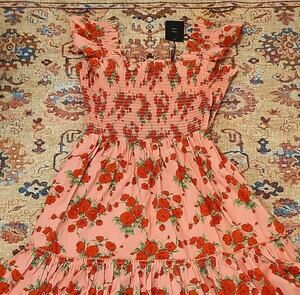 Cottagecore Code x Mode Pink & Red Floral Smocked Ruffled Mini Nap Dress Sz Lrg